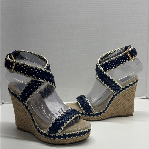 Tory Burch Lilah Wedges Espadrille Sandals High Heel Shoes Brown Navy Blue 8 - Picture 2 of 12